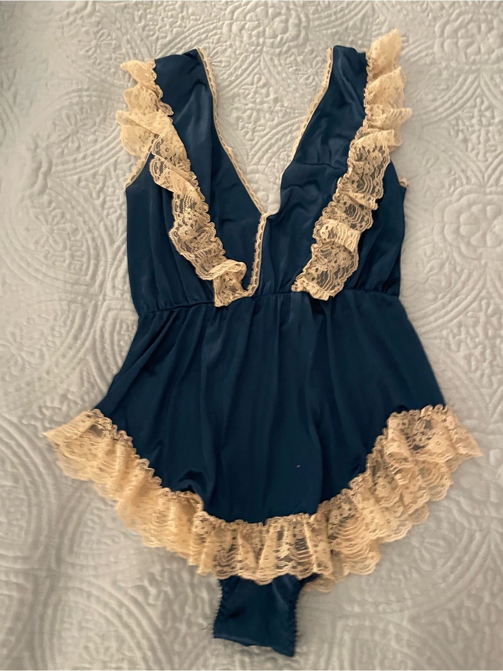 Vintage Navy Blue Lace Trim Teddy Romper